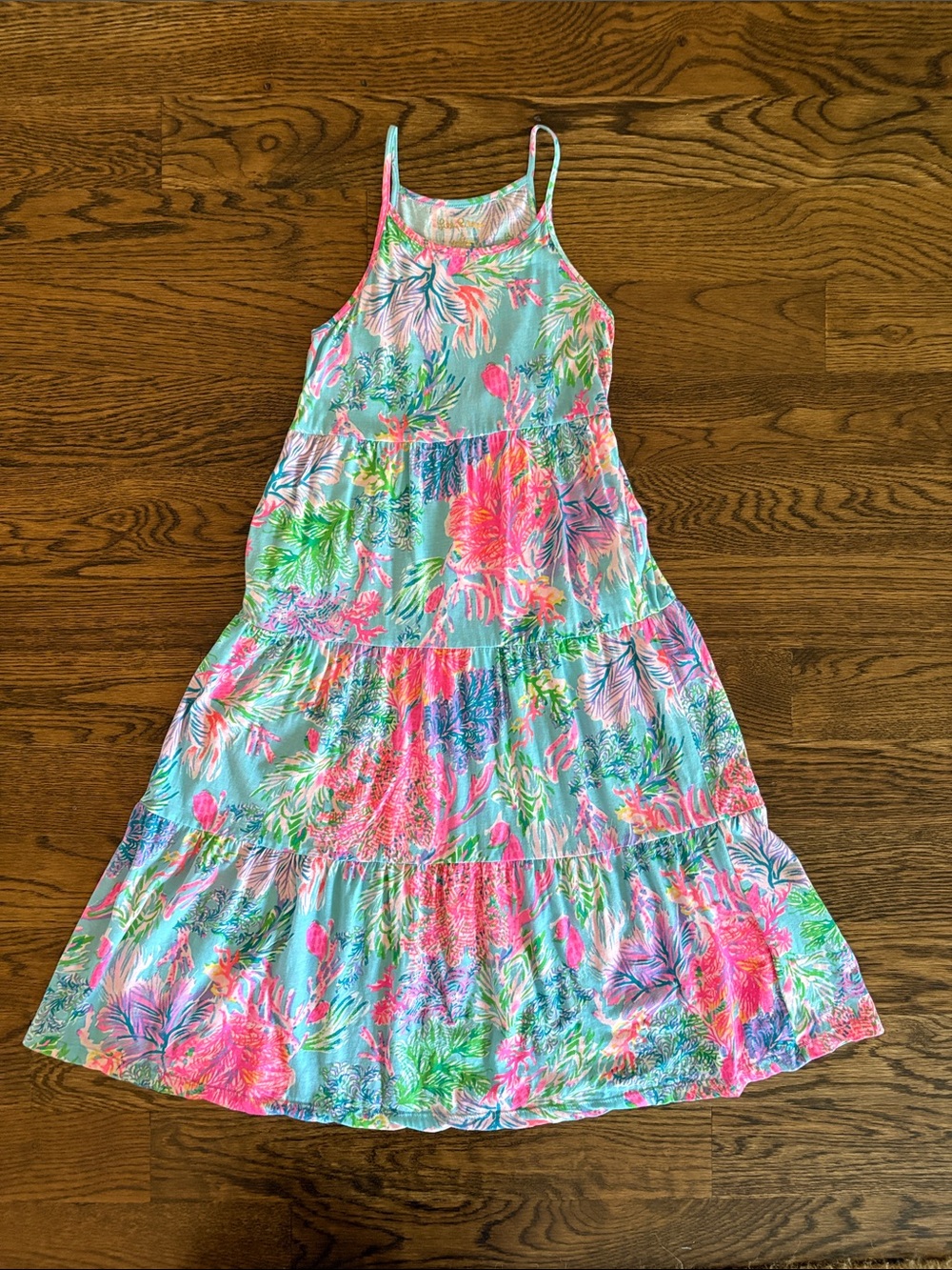 Lilly Pulitzer Aqua Tropical Tiered Maxi Sundress with Pink & Green Print
